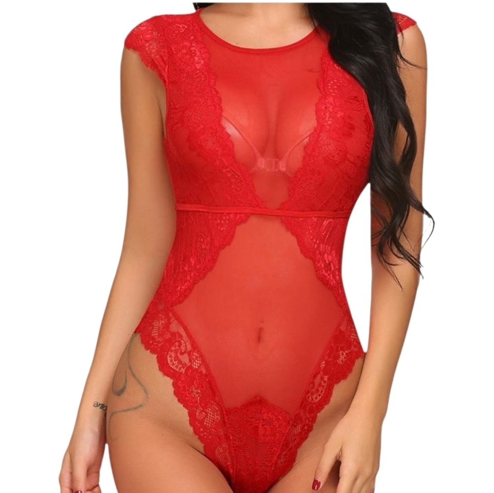 Red Lace Bodysuit Teddy Romantic Lingerie Sheer Lace Sz.Small